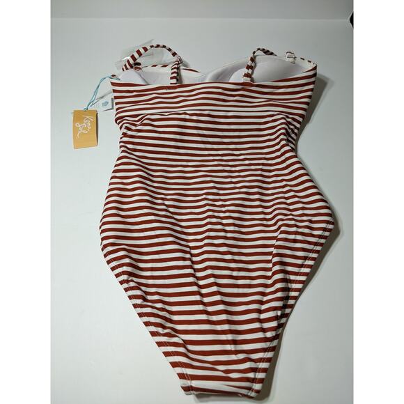 Kona Sol One Piece Swimsuit Twist Bandeau Medium Coverage Red Small Striped New - Picture 6 of 11